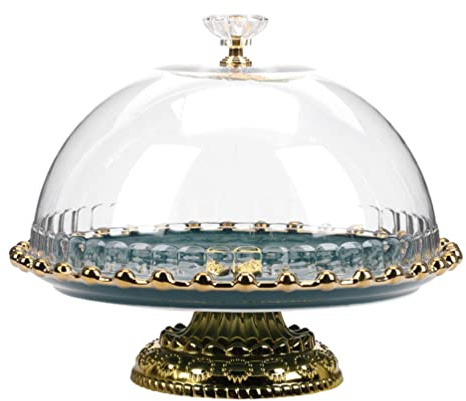 TIECHUINIUB Ceramic Cake Stand, Cake Serving Platter with Dome Lid, Cake Holder Dessert Platter for Parties Wedding-24.5 cm