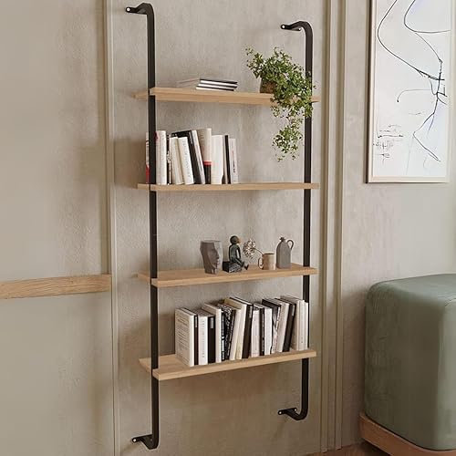URBNLIVING 4-Shelf Wall Mounted Wooden Bookshelf with Sturdy Metal Frame, Perfect Display Unit for Living Room, Modern Design, Ideal for Books and Decorative Items (Sapphire Oak)