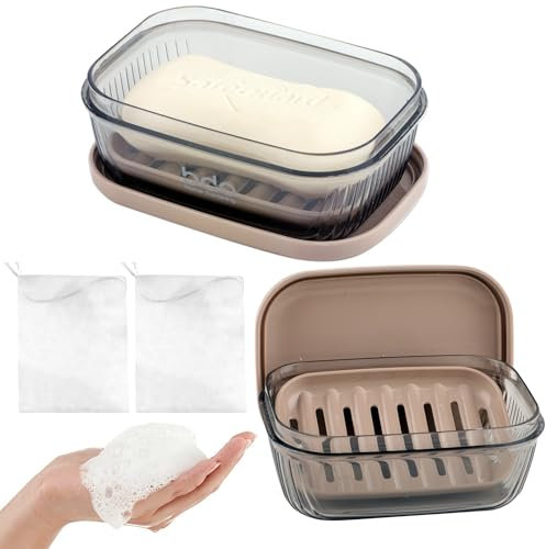2 Seifendose Reise, Wasserdicht Seifendose, Seifenschale mit Ablauf, Einfache Reinigung Seifenablage, Seifenschalen mit Deckel, Seifenbox mit Blasennetz (2 Stuck grau)