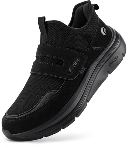 FitVille Men's Extra Wide Width Slip-on Trainers with Adjustable Straps, Easy on & Off Comfortable Walking Shoes for Swollen Feet, Cloud Wanderer V5 Wide 9.5 UK Jet Black
