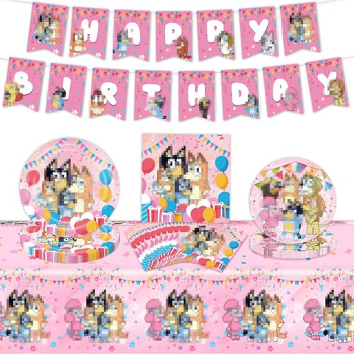 42PCS Dog Decorations for Girls, Kids Pink Party Supplies for 10 Guests, Kids Party Tableware Set with Plates, Napkins, Tablecloth, Happy Birthday Banner