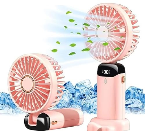 Hand Held Fan,Portable Handheld USB Rechargeable Fans with 5 Speeds,Battery Operated Mini Fan Foldable Desk Desktop Fans with LED Display for Home Office Bedroom Outdoor Travel (Pink)