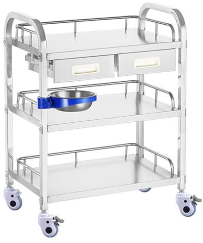 SXTYFBB Medizinischer Wagen aus Edelstahl, Laborwagen mit Rädern, 3-lagiger Servierwagen mit 2 Schubladen, Rollwagen aus Metall für den Einsatz in Laboren und Krankenhäusern (75 x 40 x 88 cm)