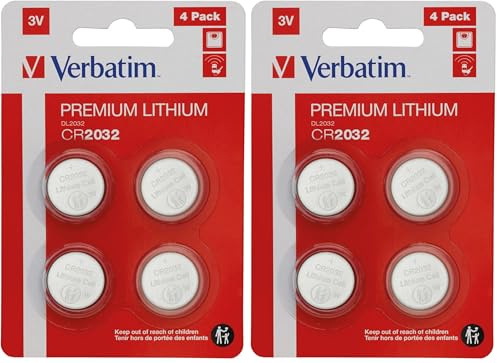 Verbatim Premium Lithium Knopfzellen CR2032 4-er Pack 3V 220mAh, Lithium-Knopfzellen-Batterien für Uhr Autoschlüssel Fernbedienung Kamera Spielzeug & Co, Knopfbatterie Lithiumbatterie (Packung mit 2)