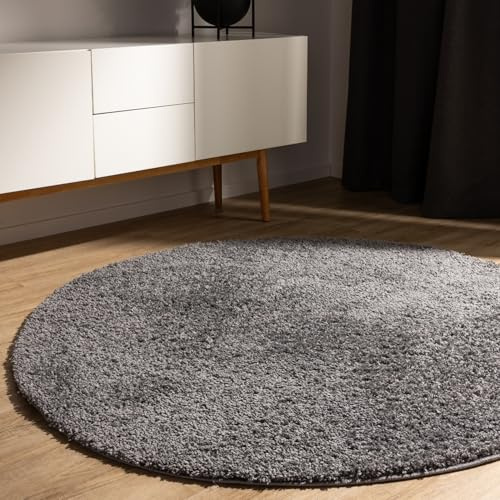 benuta Basic Hochflorteppich Teppich Wohnzimmer Sohari - Grau 120 cm Rund - Minimalistischer Look - Weich & Waschbar - Für Schlafzimmer, Flur oder Esszimmer - Geeignet für Fußbodenheizung