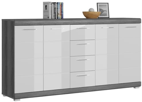 Newroom Kommode mit Schubladen Weiß Hochglanz Rauchsilber Sideboard | 4 Türen mit offenen Fächern und Einlegeböden, Metall-Bügelgriffe silber, Highboard für Wohnzimmer und Schlafzimmer
