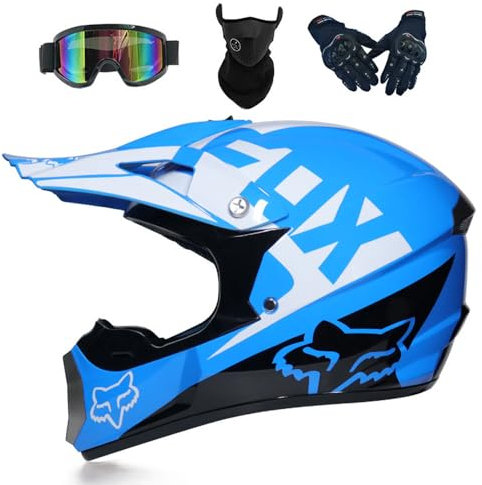 PAESCOY Motocross Helm Kinder Erwachsene Dirt Bike Offroad Cross Helms Herren ATV Motocross Helm Jugend Motorradhelm MX Enduro Full Face MTB Helm Mit Brille Maske Handschuhe Downhill Helm,Blue-M