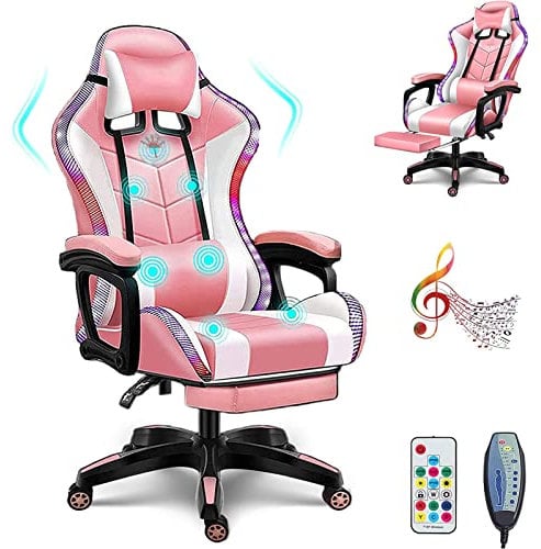 Silla para videojuegos con Bluetooth, silla ergonómica de video con altavoces, luz LED, reposapiés, reposacabezas y almohada lumbar para comodidad de oficina y juegos