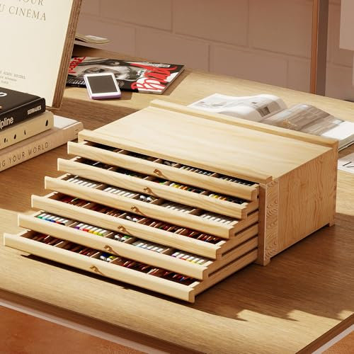 lesolar 6-Drawer Artist Supply Storage Box,Beech Wood Art Storage Box with Removable Dividers,Portable Paint Brush Holders with Drawer for Paints, Pastels, Pencils, Brushes and Art Supplies