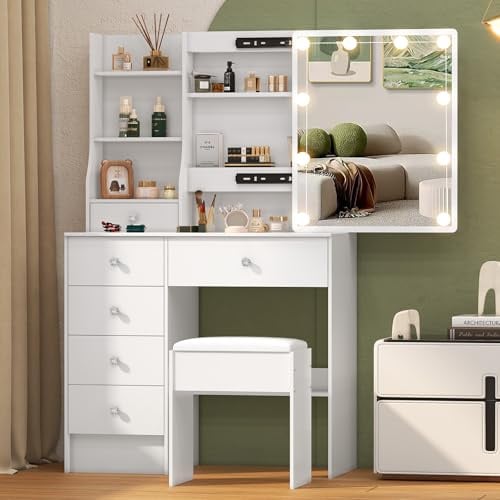 Buildonely Schminktisch mit Beleuchtung, Frisiertisch mit mit Hocker für Make up, Kosmetiktisch mit Spiegel und Licht, Einstellbarer Helligkeit, 5 Schubladen, SD3910