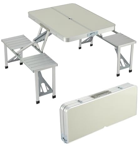 DARDVORLAG Klapptisch mit 4 Stühlen – Aluminium Camping Set, Outdoor Tisch und Stühle Combo faltbar mit Tragegriff und Sicherheitsverschluss(Silber, 86×67×67cm)