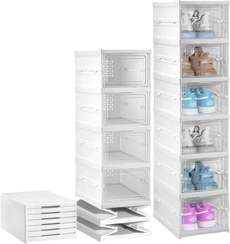 BREEZENEST Stackable Shoe Storage Organiser, Transparent Plastic Shoe Boxes with Doors Foldable Cabinet Holds up to UK Size 12 Trainers Easy Assembly PP Plastic Closet Solution (6)