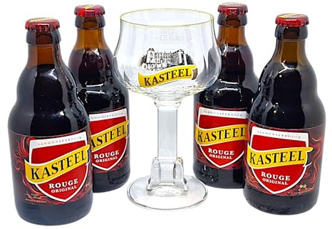 Générique Bierglas Kasteel, Rot, 33 cl, offizielles Lizenzprodukt + 4 Flaschen, Glas für Verkostung oder Sammler