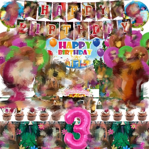 Partygeschirr Geburtstagsdeko, 81 Stück Geburtstag Deko 3 Jahre Bunny Themed Partyzubehör Set mit Luftballon, Banner, Tortendeko, Hintergrundtuch, Tischdecke Party Dekoration für Junge Mädchen