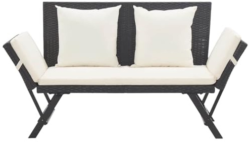 HGFDCBK PE Rattan Gartenbank schwarz mit Auflagen 176 cm, Outdoor Bank mit Kissen, verstellbare Sonnenliege, pulverbeschichteter Stahlrahmen, inklusive 1 Sitzpolster und 2 Kissen