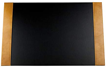 DELMON VARONE - Personalisierbare Schreibtischunterlage mit 2 Seitenleisten Vintage Leder Anilin schwarz/braun, Rutschfeste Schreibunterlage abwaschbar, Schreibtisch Unterlage als Mauspad, 64x42 cm