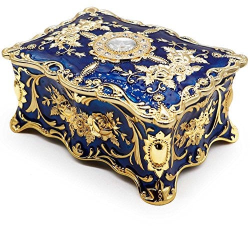 AVESON Luxury Vintage Rectangle Metal Alloy Jewelry Box Trinket Organizer Storage Box with Rose Pattern for Women, Girls, Two-Layer Design, Gold & Blue