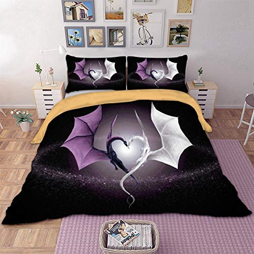 Bettbezug Set Bettwäsche-Set, 3D lila weißer Drache ,Super Weiche Atmungsaktive Mikrofaser 3-teiliges Set (1 Bettbezug 155x220cm + 2 Kissenbezüge80x80cm) mit Reißverschluss Schließung