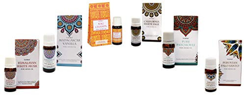 6 Aceites esenciales Goloka (esencias de HIMALAYAN WHITE MUSK, VAINILLA, NAGCHAMPA, WHITE SAGE, PATCHOULI Y PALO SANTO) para Humidificador, Decreto DORAZEN de la buena suerte.