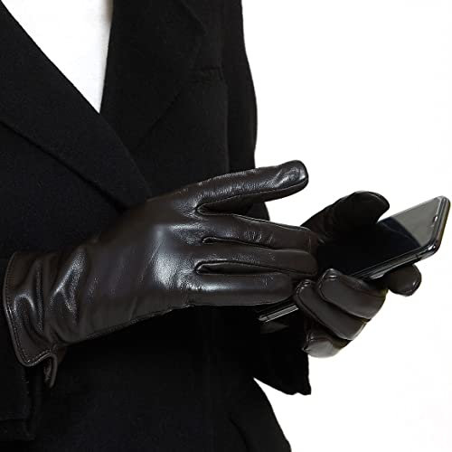 ZLUXURQ Damen Braun Weiche Echte Lammfell Leder Touchscreen Winter Fahrhandschuhe Kaschmir gefüttert