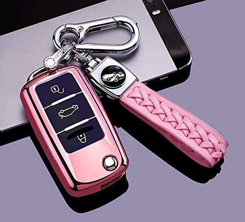 RXXR Auto Schlüsselanhänger Cover Hülle mit Schlüsselanhänger Kompatibel für Touran G-o-l-f 4 5 6 Je-tt-a MK4 B-o-r-a Polo Soft TPU Vollschutz 3 Tasten Rosa Auto Schlüsselanhänger Shell Cover