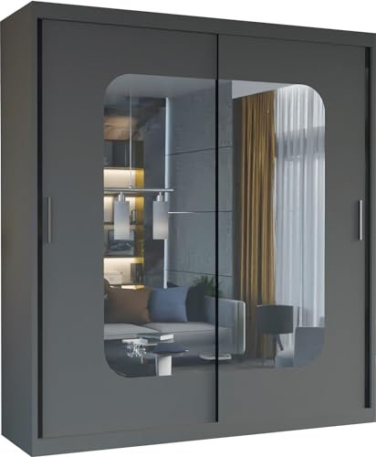 MN Furniture Modern Double Sliding Door Wardrobe 2 Mirrored Hanging Rails & Shelves Storage Cabinet for Bedroom (180cm, Marika Grey)