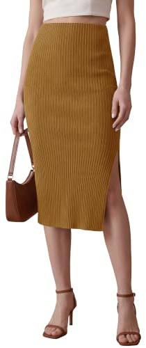 EXCHIC Femme Texturé Tricoté Genou Longueur Crayon Jupe Élastique Tube Jupe Taille Haute De Base Midi Jupe Fente Latérale