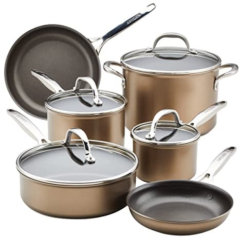 Anolon Ascend Hard Anodized Nonstick Cookware/Pots and Pans Set - Good for All Stovetops (Gas, Glass Top, Electric & Induction), Dishwasher & Oven Safe with Stainless Steel Handles, 10 Piece - Bronze