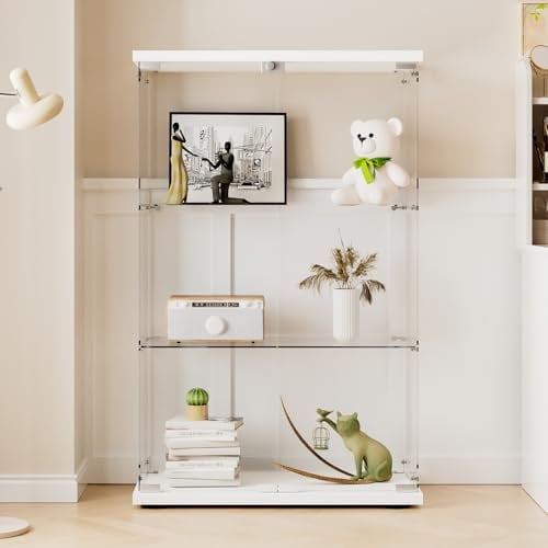 AUFHELLEN Glasvitrine Standvitrine in Weiß, 125x79x36.5CM Modern Glas Holz Vitrine Sammlervitrine Vitrinenschrank mit 3 Böden aus ESG für Sammlerstücke Bücher Wein, für Büro Wohnzimmer Küche