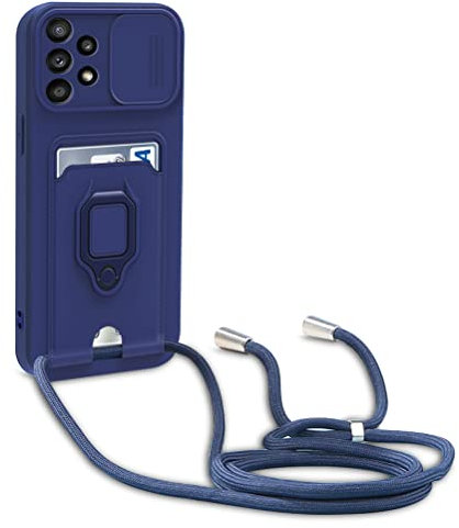 Dllatui Handyhülle Kompatibel mit Samsung Galaxy A53 5G Halsband Lanyard Silikonhülle,mit Kamera Schutz Schieber,Drehbarer Ständer mit Kartenfach Necklace Hülle (Blau)