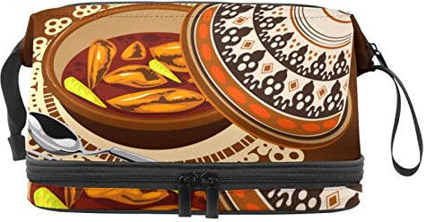 Trousse de maquillage de voyage de grande capacité, Sambal Poulet Tajine Servie avec pot à olives, sac de maquillage, sac de rangement étanche, multicolore, 27x15x14 cm/10.6x5.9x5.5 in