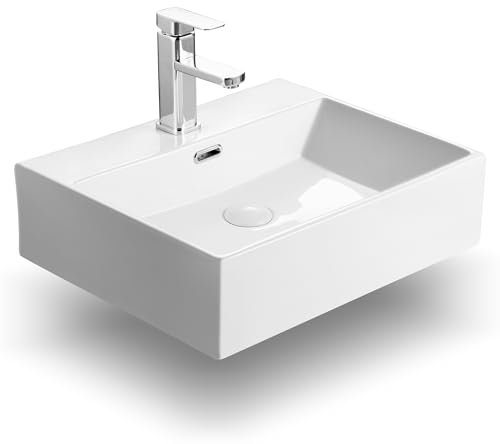 HOROW Gefäßwaschbecken Rechteckiges 50 x 42 cm, Weißes Badezimmer Waschbecken über dem Tresen Porzellan Keramik Waschbecken, mit Überlauf Hahnloch