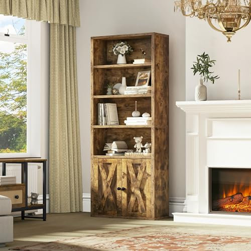 YITAHOME Bookcase, Floorstanding Bookshelves with Cupboard Industrial Shelves Storage Rack Wooden Cube Shelf Tall Storage Cabinet for Living Room, Study, Kitchen, Home Office, Rustic Brown Bookshelf