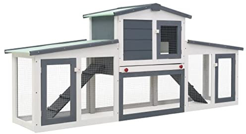 AUVYI Großer Kaninchenstall Grau und Weiß 204x45x85cm Hühnergehege Außen Hühnerstall Winterfest Hühnerauslauf Kleintierkäfig Hasenkäfig DrAußen Hasenhaus für DrAußen lackiertes Tannenholz, Sperrholz