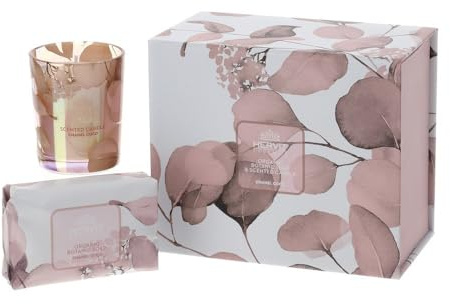 Hervit Set Candela Profumata con Tazza Mug in Porcellana in Box Regalo Botanic - Scatola Regalo con Tazza da Te 270ml e Candela al Biscotto 70gr - 4 colori differenti (Rosa-2)