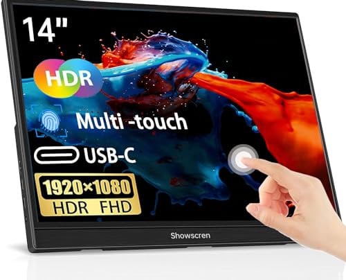 Showscren Portable Monitor Touchscreen 14 Inch Monitor HDR IPS FHD 1920x1080 300cd/m² 10 Point Touch Display, USB C/HDMI/USB, Second Screen for Laptop/PC/Xbox/PS4/5/Switch,Dual Speakers,VESA