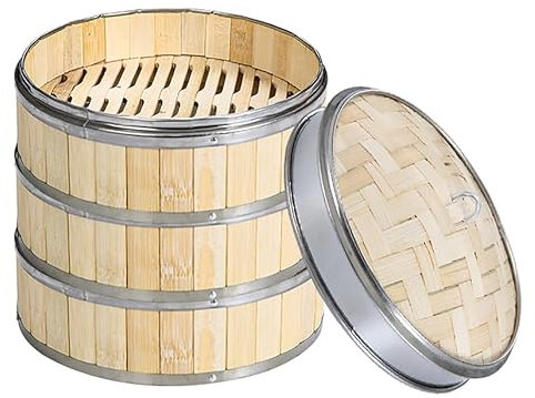 Luminexia Vaporera Bambu,Vaporera Cocinar Vapor,Cesta De Vapor De Bambú para Cocina,2 Niveles / 3 Niveles Olla Vapor De Bambú con Bandas De Acero Inoxidable,Cocina De Arroz Natural Chino con Tapa