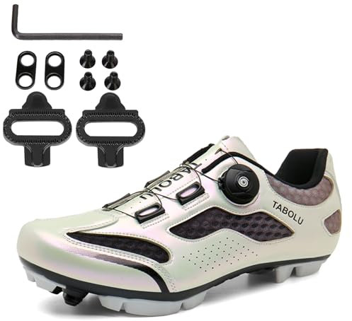 PENXZT Zapatilla de Montaña Ciclismo Hombre y Mujer Zapatos Bicicleta de Exterior MTB Compatibles con SPD/SPD-SL Lock System Zapatillas de Ciclismo Respirables,Plata,39 EU