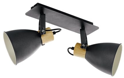 EGLO Deckenlampe Coswarth, 2 flammige Vintage Deckenleuchte, Deckenstrahler Industrial aus Stahl und Holz, Anthrazit, Creme-Weiß, Natur, Spots mit E27 Fassung, FSC zertifiziert
