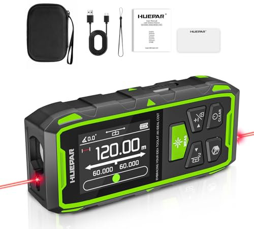 Huepar Misuratore laser 396FT Misuratore di distanza laser digitale con 2 livelli di bolla, LCD retroilluminato, misura distanza, area e volume e modalità pitagorica SW-210RT