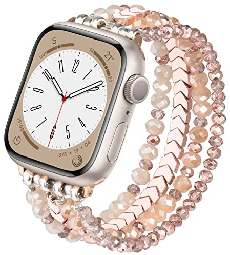 V.R.HOPE Armband Schmuck Kompatibel mit Apple Watch 46mm 45mm 44mm 42mm Stretch Armbänder für Damen Glitzer Perlen Diamant Uhrenarmband für iWatch SE Series 10 9 8 7 6 5 4 3 2 1 - Rose Gold- Klein