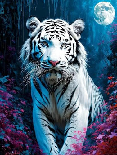 Mond Weißer Tiger Diamant Painting Bilder, 5D Diamond Painting Set, DIY Diamond Painting Mosaikherstellung Malen Nach Zahlen Full Drill Malerei für Erwachsene Kinder Room Decor Wohnwand 80x120cm P-884
