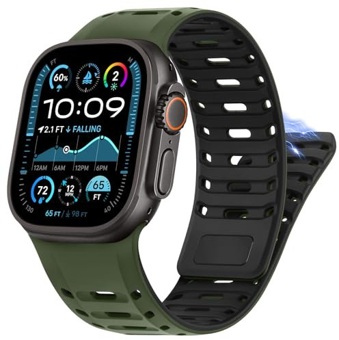 HITZEE Correa Deportiva Compatible con Correa Apple Watch 49/46/45/44/42mm, Correas Magnética de Silicona para Hombre Compatible para iWatch Ultra 2 Serie 10 9 8 7 SE 6 5 4 3, Verde/Negro
