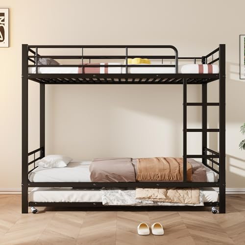 RanRan Eisenbett, Etagenbett, Geeignet für Kinder und Jugendliche, mit Ausziehbett, Vier Seitengitter am oberen Bett, Eisen, Schwarz, 90x200cm&90x190cm