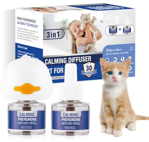 Piuess Katzen Beruhigung Steckdose 3 In 1 FüR Cat Calming Diffuser Katze Anti Stress Beruhigendes Pheromon Beruhigungsmittel Diffusor-Set Minzgeschmack（1 StöPsel + 2 NachfüLlpackungen à 48 Ml）