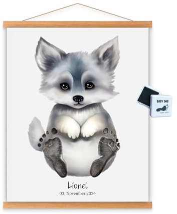 Baby Fußabdruck Poster inkl. Farbe Kinder 0-4 Jahre Fußabdrücke auf Tier Geschenk Geburt Taufe 1. 2. 3. 4. Geburtstag Junge Mädchen (Wolf, A4 | Baby bis ca. 6 Monate | Fußlänge bis 10 cm)