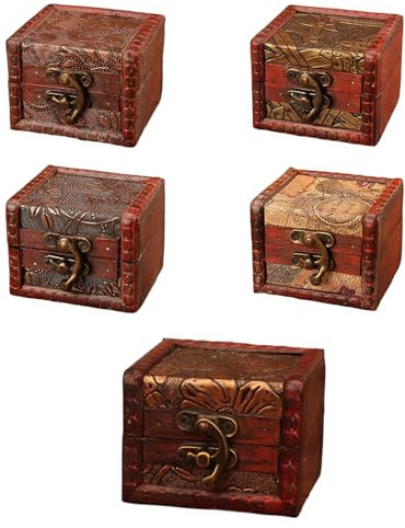 Forreen Schatztruhe aus Holz, 5 Stück Holztruhe mit deckel Klein Vintage Schatzkiste Antikes Design Mini Langlebig Schmuckschatulle für Halskette Armband Ohrring Ringe
