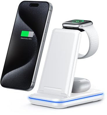 TeckNet 3-in-1 Wireless Charger, Foldable Charging Station for iPhone, Apple Watch, AirPods, Qi-Enabled Devices, Fast Charging, Sleek Design, Portable, Perfect for Home, Office,white no adapter