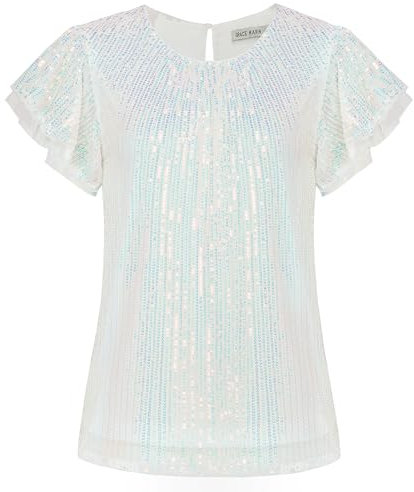 Glitter Kurzarm Damen Bluse Bankett Ball Glitzer Pailletten Top T-Shirt Symphonieweiß L