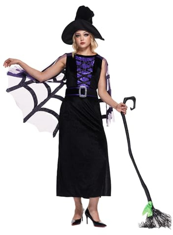EraSpooky Elegante Costume da Strega per Donna Halloween Vestito Nero con Dettagli in Laccio Viola Mantello a Ragnatela e Cappello da Strega